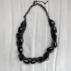 Chunky Statement Necklace Silver Black Stones Costume Jewelry
